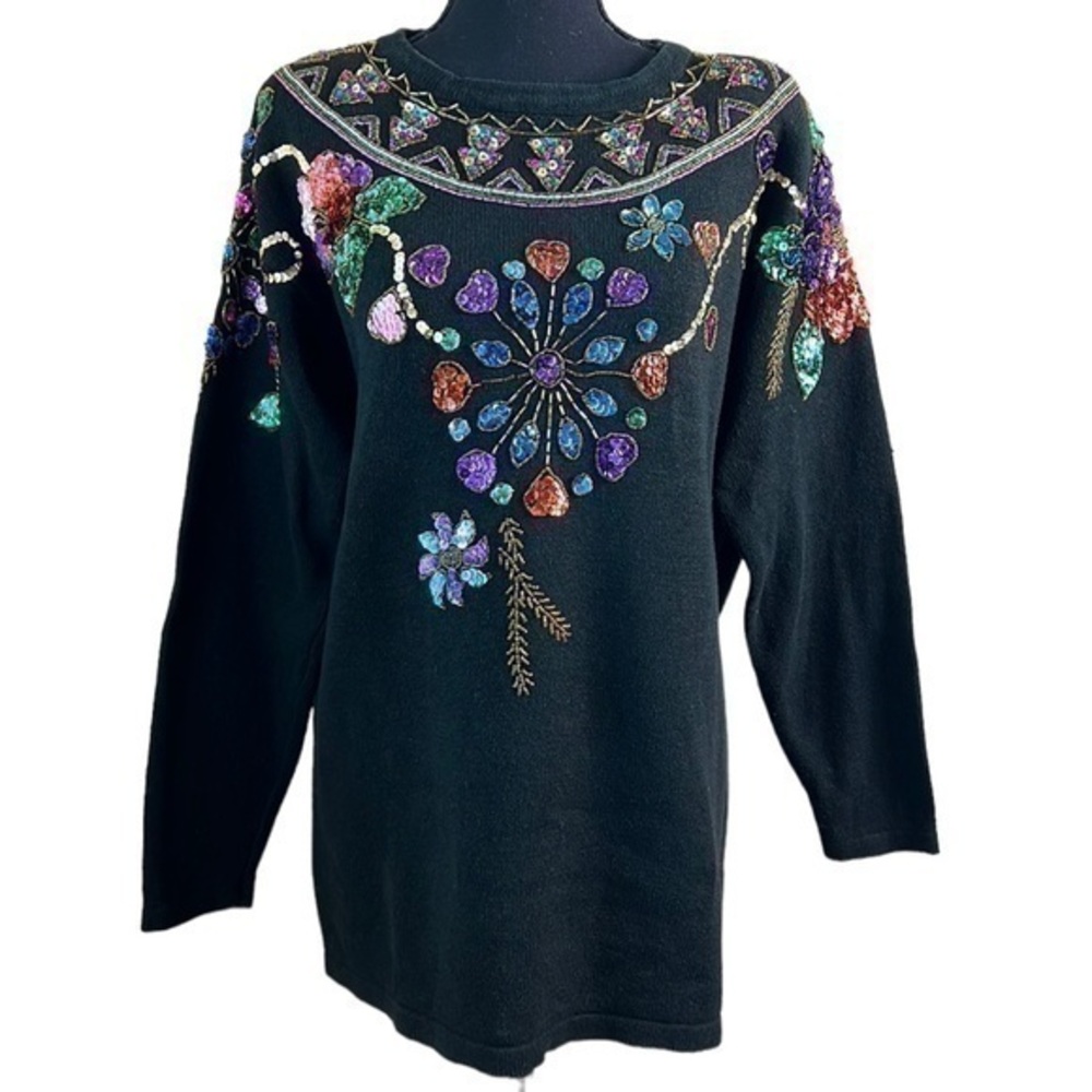 Women’s 90’s Vintage Sequin and Beaded Sweater Black Size Large